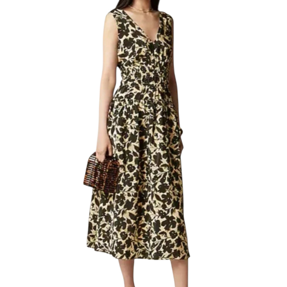 J Crew Tall Hyacinth V Neck Midi Dress Crepe de Chine Black Tan Floral Small